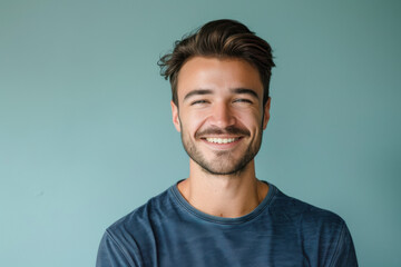 A close up portrait of a young man with a subtle smile