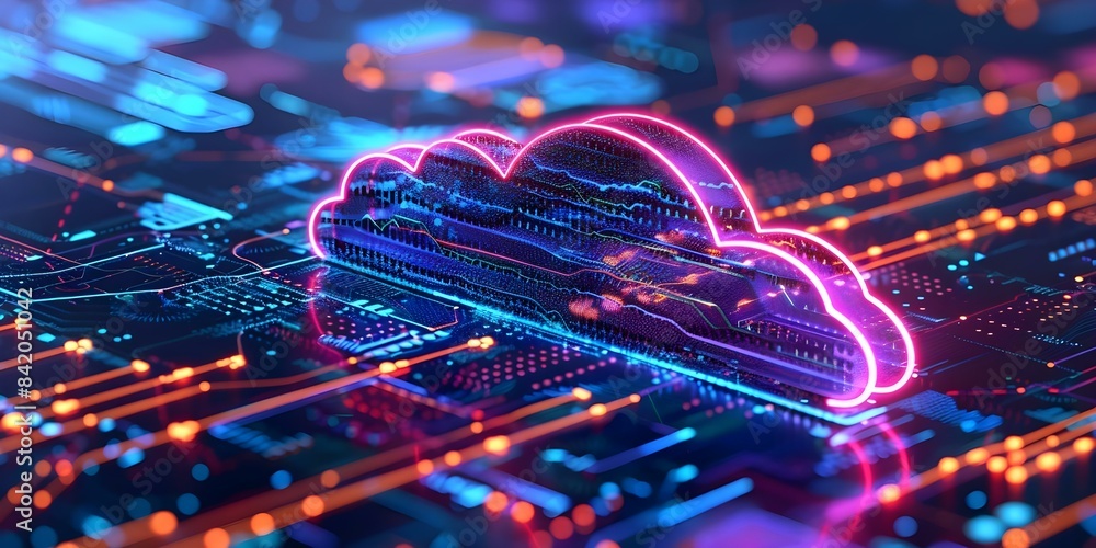 Poster modern cloud technologies in neon colors isometric network devices in cyber space. concept cloud com