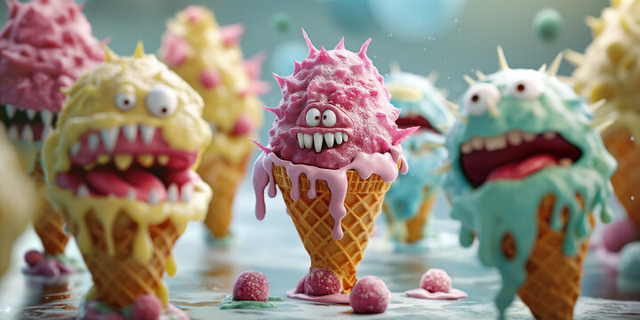 Banner of Ice cream cones with colorful, monstrous creatures, symbolizing harmful bacteria in spoiled or chemically tainted ice cream, risks of consuming expired or unsafe food products.