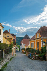  The old narrow street in historic Durnstein town in Wachau region Austria.