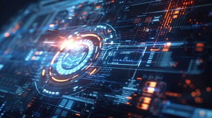 Futuristic digital interface with glowing circuits. A high-tech representation of data processing, perfect for technology and innovation themes.