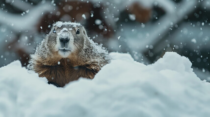 Obraz premium Groundhog covered in snow on Groundhog Day