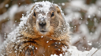 Obraz premium Groundhog covered in snow on Groundhog Day