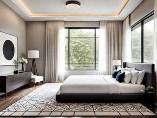 Minimalist interior design of modern bedroom with beige stucco wall.	