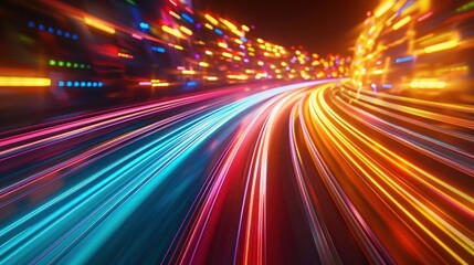 Abstract light trails in vibrant colors, motion blur representing speed and technology background, futuristic high-speed network visualization