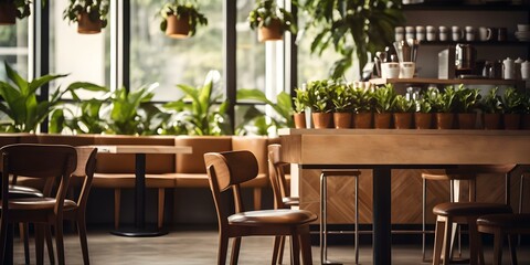 Fototapeta premium Contemporary Cafe Design Featuring a Homey Coffee Shop Atmosphere. Concept Cafe Design, Contemporary Decor, Homey Atmosphere, Coffee Shop Vibes