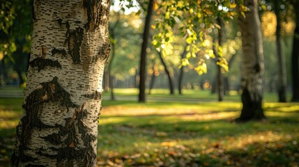 Obraz premium Birch tree trunk positioned at the center of a park s frame