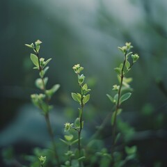 Obraz premium Healing green fine sprouts and small flowers flowting the air