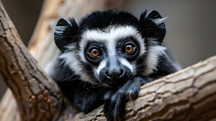 Close-Up of Black and White Ruffed Lemur Resting on Tree Branch