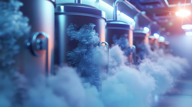 Liquid nitrogen storage bank with cell suspension, detailed close-up, photorealistic frost and vapors, scientific accuracy