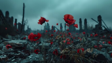 Poppies blooming amidst the ruins of a battlefield, under a somber, dark sky, signifying hope and resilience