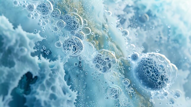 Photorealistic close-up of a liquid nitrogen bank containing suspended cells, intricate frost patterns, cold vapors