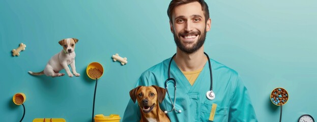 The image shows a veterinarian with two puppies. The vet is smiling and holding one of the puppies. The other puppy is sitting on the vet's shoulder. The background is blue and there are some colorful