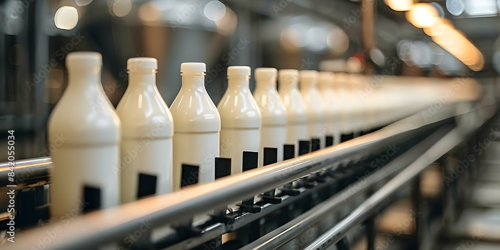 Poster enhancing efficiency and productivity in milk bottling line at factory. concept machinery optimizati