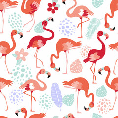 Pattern with pink flamingos and tropical leaves on a white background. Pink flamingo in flat style. Seamless pattern for textile, wrapping paper, background.