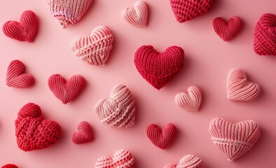 Knitted hearts on a pink backgrounded hearts on a pink background