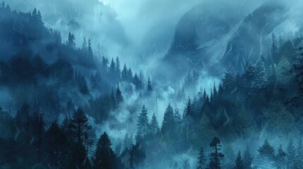 Obraz premium Dense blue mist enveloping a mountain forest