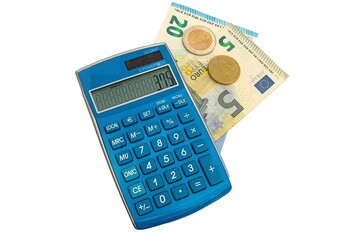 Calculator with euro coins on paper euro banknotes. Isolated white background.