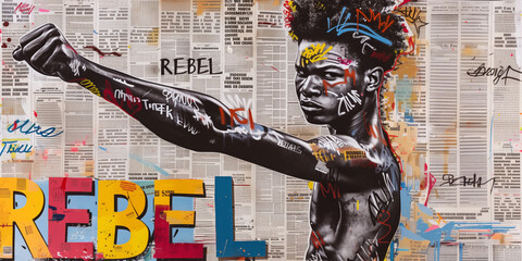 African man raising fist, rebel fighting spirit freedom, urban street art graffiti collage