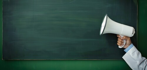 Bright pediatric clinic with a hand holding a megaphone in front of a vertical empty blackboard.