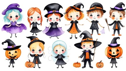 Halloween pattern, boys and girls in Halloween costumes, pumpkins, bats and ghosts on a white background, Halloween wallpaper or background