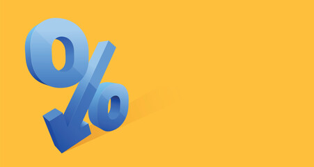 Blue 3D Percentage Symbol With Arrow Pointing Down on Yellow Background as Blank Banner for Displaying a Marketing Ad. Vector Illustration. 