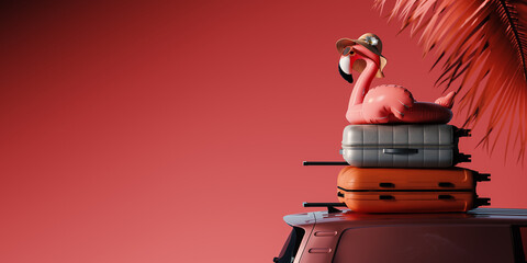 Pink flamingo with travel luggage on car rooftop on pink background with copy space. Summer travel concept design. 3D Rendering, 3D Illustration © hd3dsh