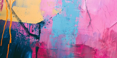 Messy paint strokes and smudges on an old painted wall. Purple, blue, pink, magenta, yellow drips, flows, streaks of paint and paint sprays, Generative AI