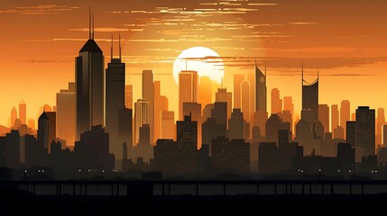 Silhouette of the city at sunset. Panoramic illustration.