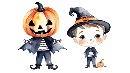 Watercolor illustration of boys in Halloween costumes on white isolated background, happy Halloween kids,