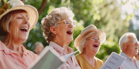 Group of senior women and men singing together at choir rehearsal. A community choir performing at a local nursing home. Hobbies and leisure for elderly people.