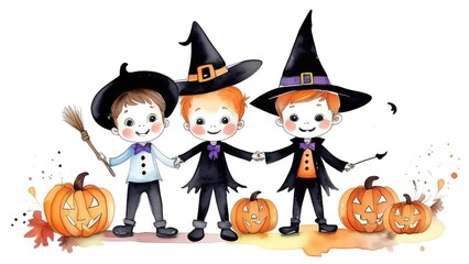 Watercolor illustration of boys in Halloween costumes on white isolated background, happy Halloween kids,