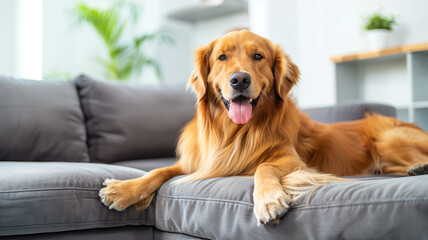 happy golden retriever dog is lying on a cozy sofa in a modern living room.