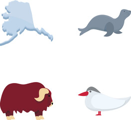 Alaska icons set cartoon vector. Various antarctic and arctic animal. Environment, wildlife