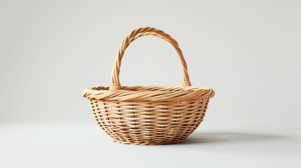 Obraz premium Wicker basket with handle on plain background, minimalist design. Home decor and storage concept