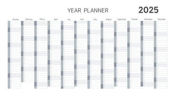 2025 year planner, wall or desk calendar in gray colors. Blank planner template for 2025 year with twelve months vertical grid for daily and monthly agenda in minimal style, vector illustration