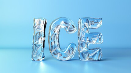 Text ICE made of water ice, blue background
