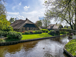 Obraz premium Thatched roof homes by the canals in the famous Giethoorn village in the Netherlands during summer