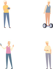 Fototapeta premium Active elderly icons set cartoon vector. Modern grandparent actively spends time. Longevity concept