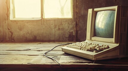 Side view of an old and obsolete computer on an old wooden table in vintage color tones.