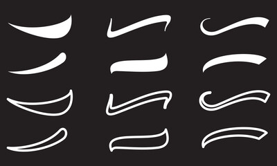Set of Swoosh and swoop underline typography tails shape in flat styles. Brush drawn curved smear. Hand drawn curly swishes, swash, twiddle. Vectors calligraphy doodle swirl on white background.Vector