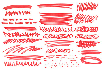 Grunge scribble circle, spiral, dots, scrawl, lines, red marker isolated on white 