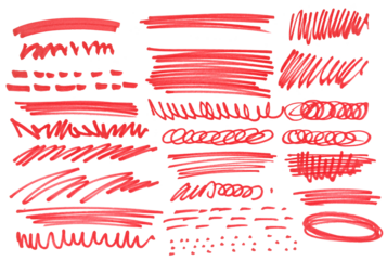 Grunge scribble circle, spiral, dots, scrawl, lines, red marker isolated on white 