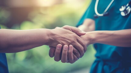 Nurse holding hands with patient in empathy, trust and support of help, advice and healthcare consulting. Kindness, counseling and medical therapy with doctor for hope, consultation and depression