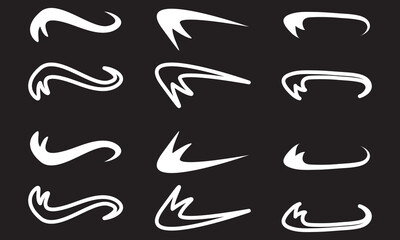 Set of Swoosh and swoop underline typography tails shape in flat styles. Brush drawn curved smear. Hand drawn curly swishes, swash, twiddle. Vectors calligraphy doodle swirl on white background.Vector