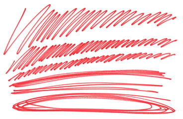 Set grunge scribble, hatching, scrawl line, spiral, red marker isolated on white	
