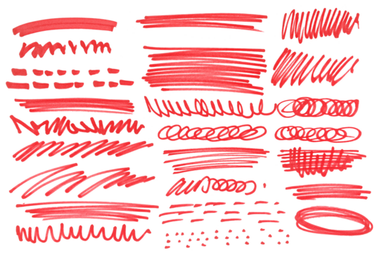 Grunge scribble circle, spiral, dots, scrawl, lines, red marker isolated on white 