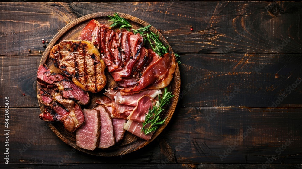 Poster bacon ham and steak arranged on a wooden plate viewed from above with space for text