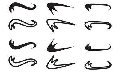 Set of Swoosh and swoop underline typography tails shape in flat styles. Brush drawn curved smear. Hand drawn curly swishes, swash, twiddle. Vectors calligraphy doodle swirl on white background.Vector