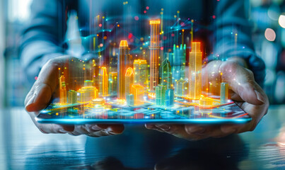 Futuristic augmented reality presentation of urban architecture, with a person holding a tablet that projects a holographic cityscape, symbolizing modern urban planning and development